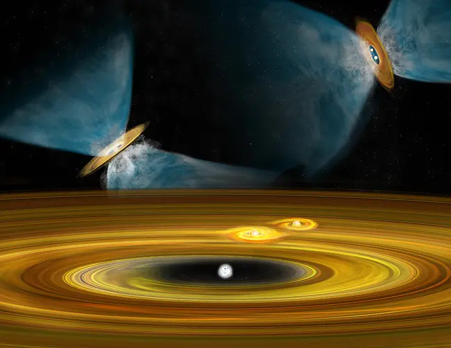 Ilustrasi sistem multi bintang yang sedang terbentuk. kredit: ill Saxton, NRAO/AUI/NSF.