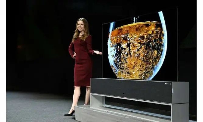 The Signature OLED TV R, a roll-up television, is presented ahead of the official start of the Consumer Electronics Show