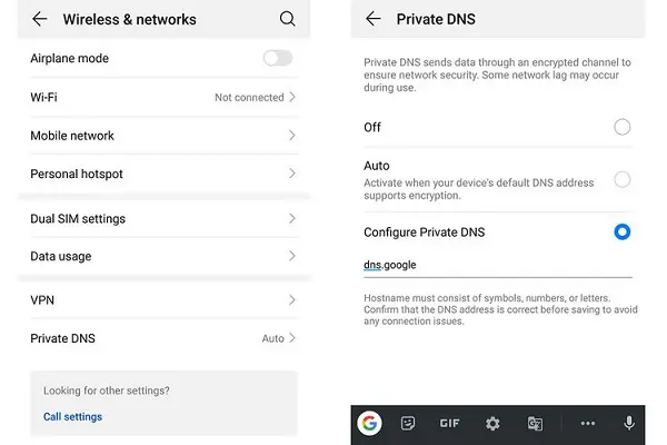 Menu Private DNS di dalam Settings perangkat dengan OS Android 9.0 Pie