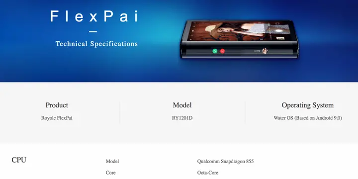 Spesifikasi FlexPai dilengkapi chipset Snapdragon 855.