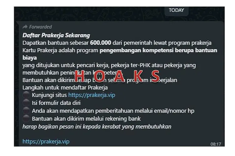 Pesan berantai yang menyebutkan pendaftaran program Kartu Prakerja melalui prakerja.vip. Informasi ini hoaks alias tidak benar.