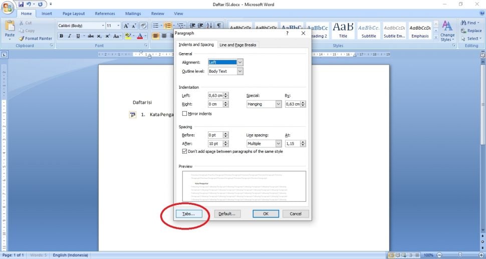cara membuat titik titik pada daftar isi