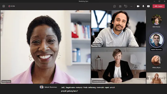 Microsoft Teams, fitur, terjemahan, Live Captions