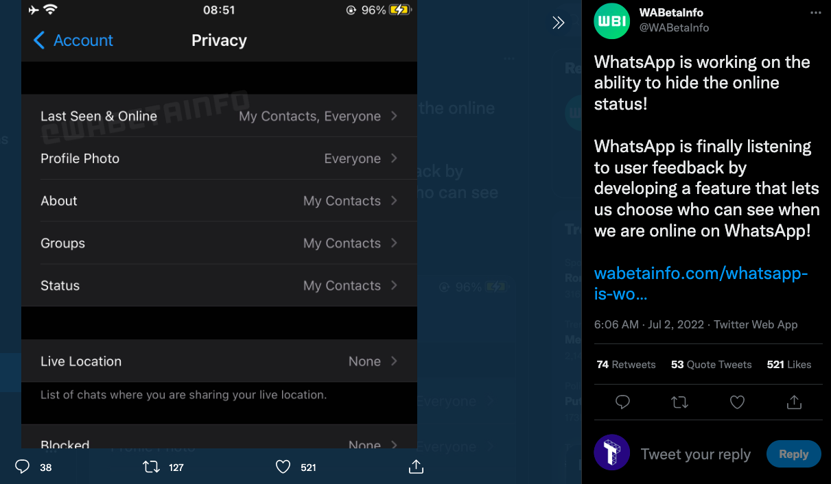 whatsapp sembunyikan status online