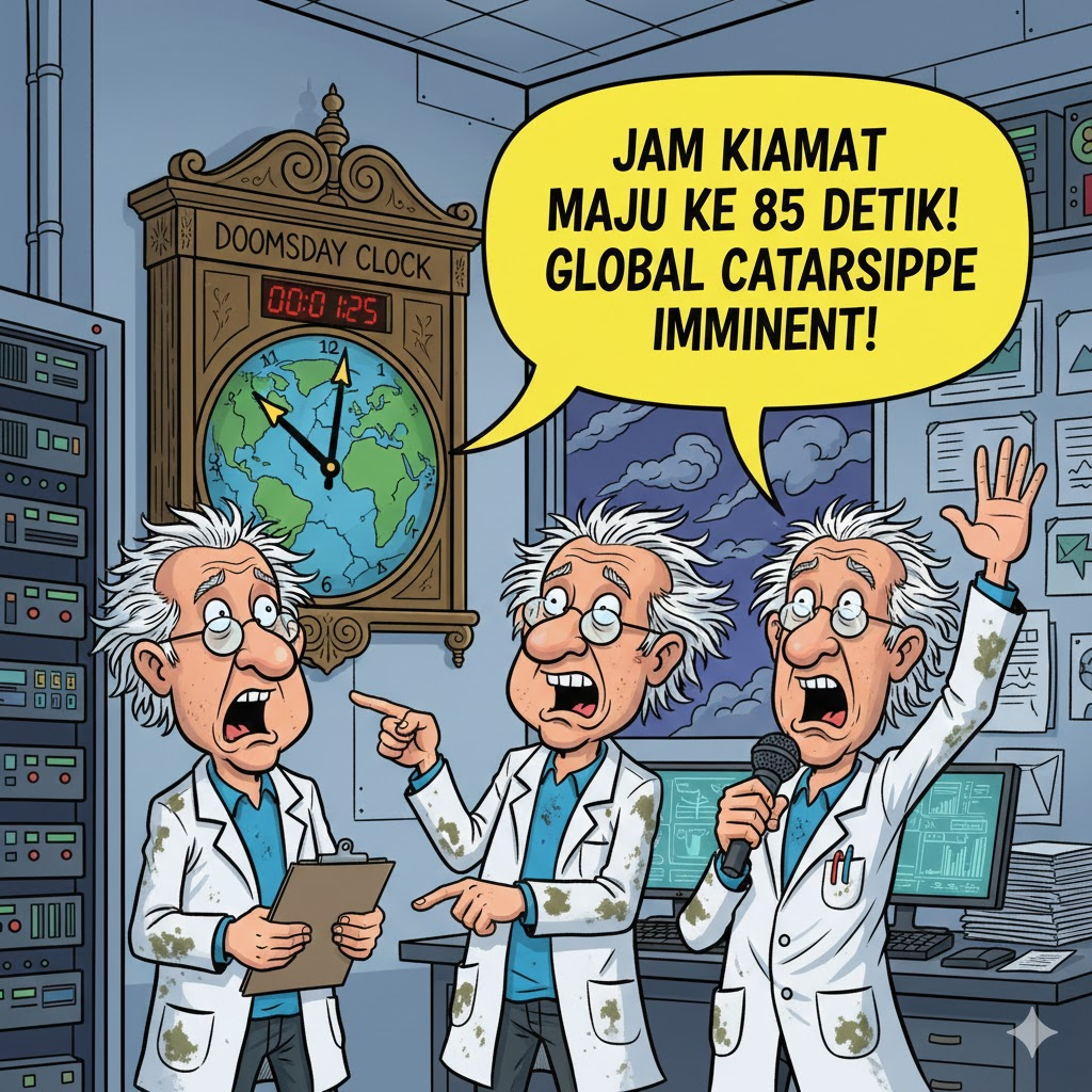 Jam Kiamat 2026, Doomsday Clock 85 Seconds, Ancaman Nuklir, Perubahan Iklim, Donald Trump, Disinformasi AI, Bulletin of the Atomic Scientists.