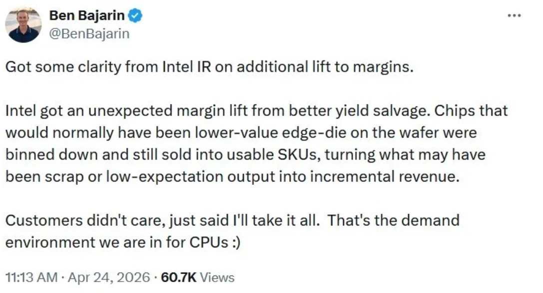 Intel chip binning, produksi wafer silikon, chip Intel Xeon, komputasi AI, cacat produksi semikonduktor, Ben Bajarin, margin keuntungan Intel.