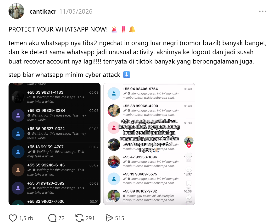 Akun WhatsApp diserbu nomor Brasil